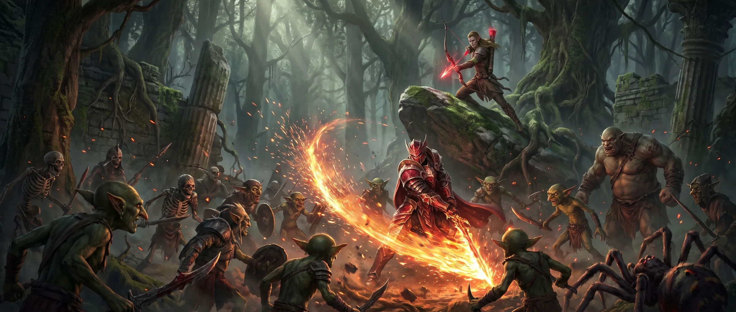 Knight with a fiery sword slash cuts through a crowd of goblins, skeletons, and ogres, an Elf covers him from a rock