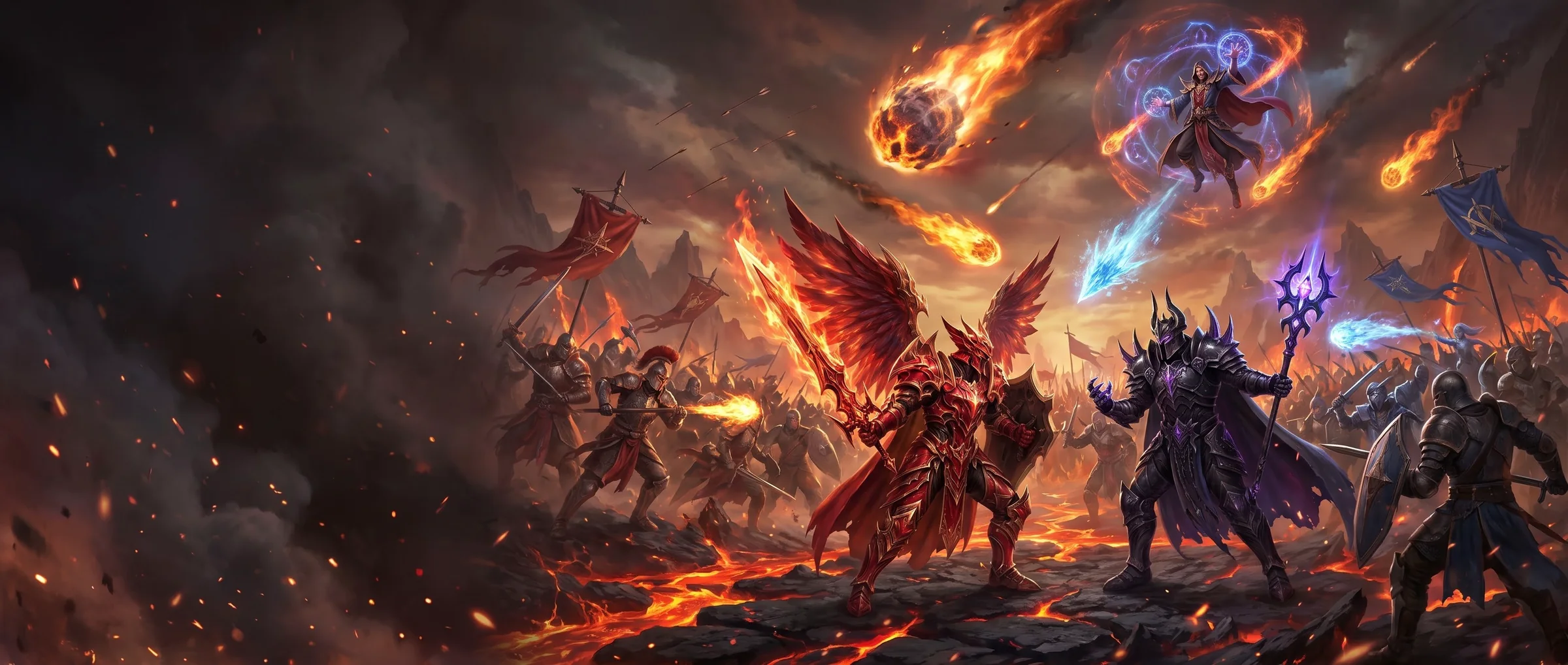 Guild battle on a lava field: knight in crimson armor versus Dark Lord, meteors flying overhead