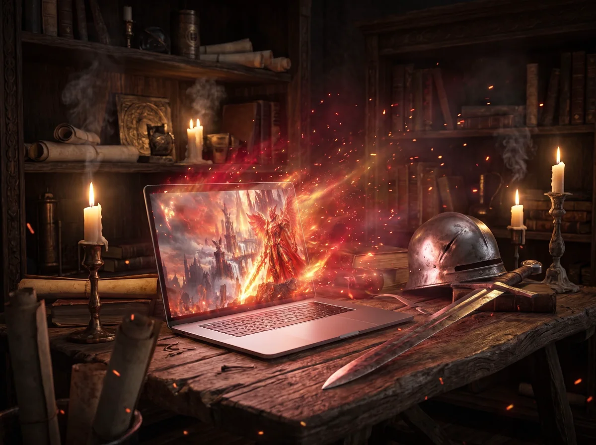 Laptop on a stone table, battle light pouring from the screen