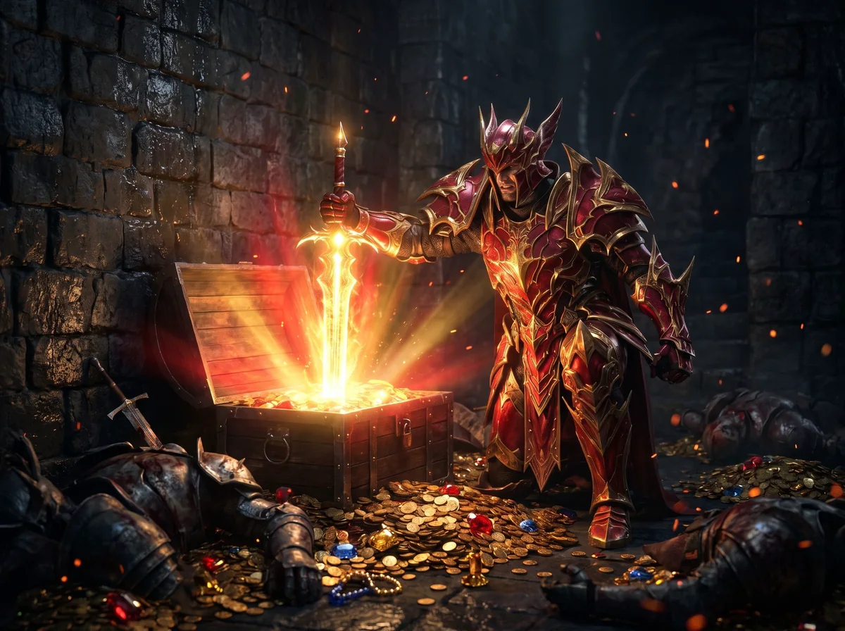 Warrior in crimson armor pulls a glowing sword from a chest among the loot