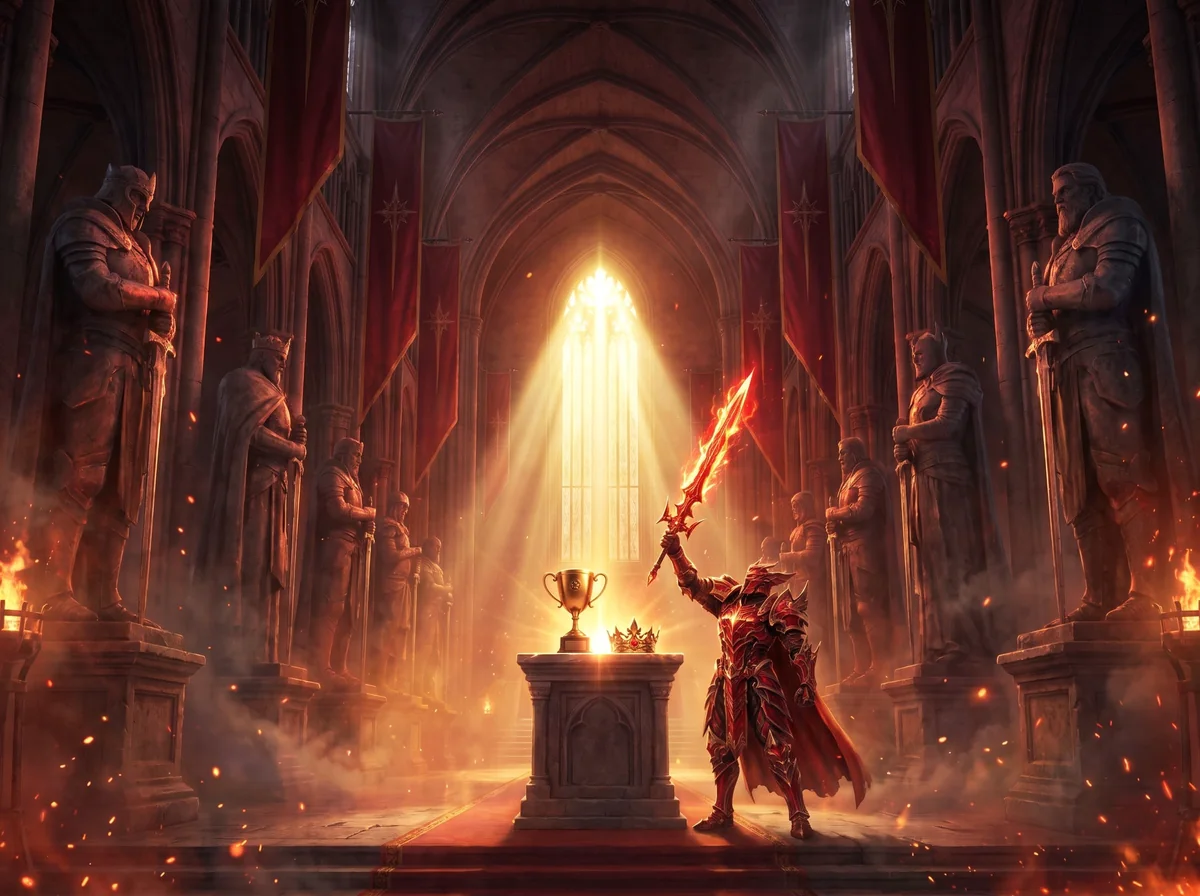 Hall of Fame with hero statues and a golden cup